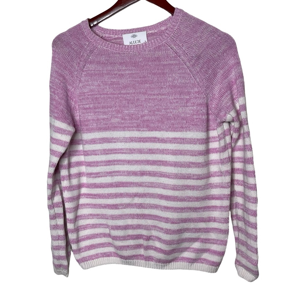 Allude 100% Cotton Pink White Striped Crewneck Knit Top Sweater Sz M